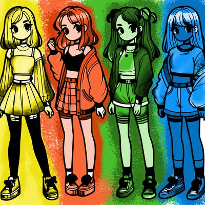 one girl with crop-top shirt and a jacket with a skirt, long socks and another girl with a shirt and pants with a jacket