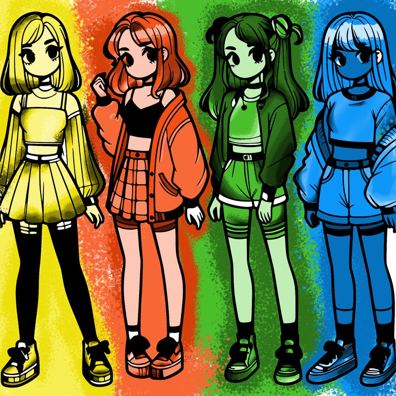 one girl with crop-top shirt and a jacket with a skirt, long socks and another girl with a shirt and pants with a jacket