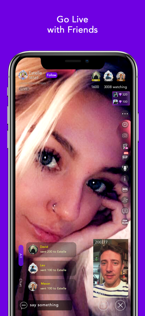 Mobile interface of the Coco app showing a live video stream and virtual gift donations from viewers