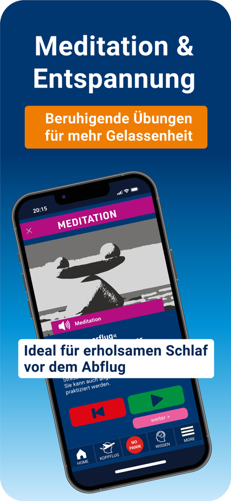 PassengerGuard: Flugangst - Pantalla de meditación y relajación de la aplicación PassengerGuard que muestra ejercicios calmantes para la ansiedad por volar