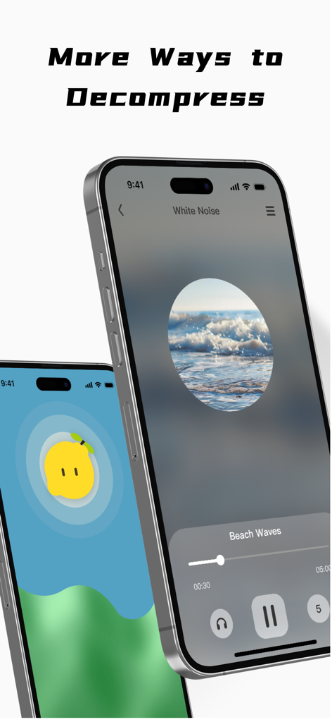 Two iPhones displaying the LemonHRV app featuring a white noise player with beach waves and the text More Ways to Decompress