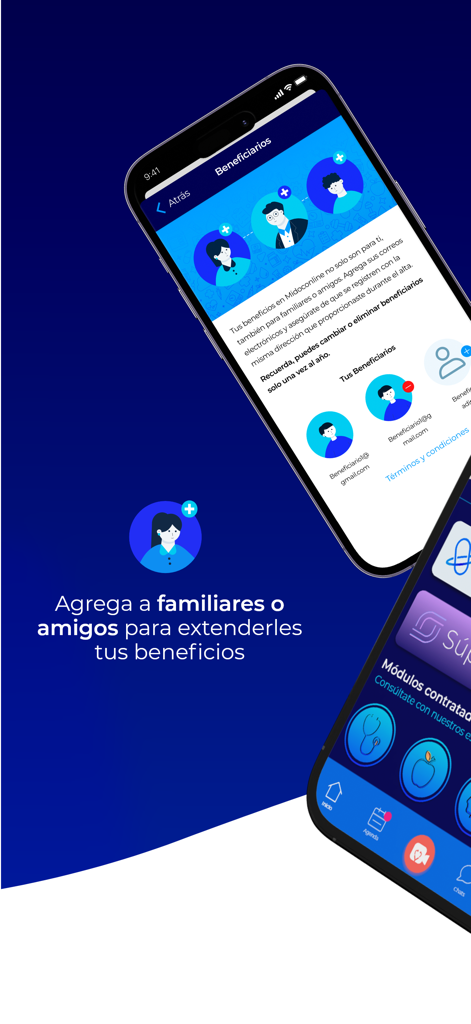 Interface for adding family and friends to share health benefits in the MIDOCONLINE app