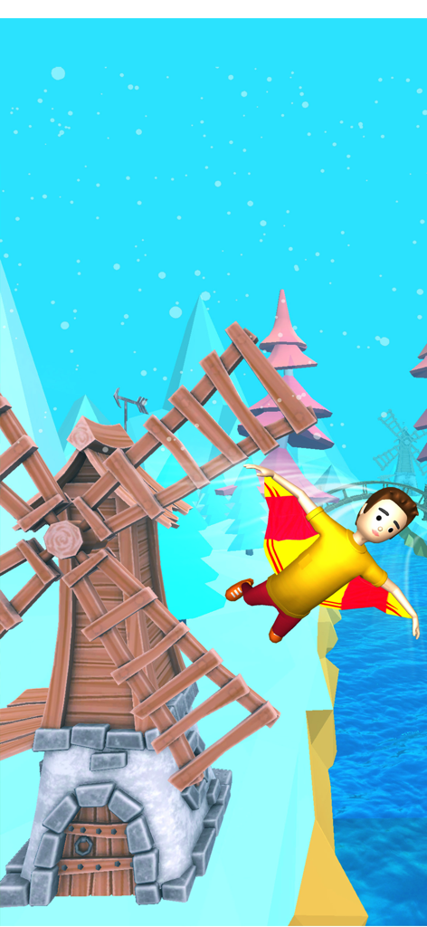 Wingsuit Ride: Skydiving Game - Un personaje con un traje de wingsuit amarillo vuela junto a un gran molino de viento de madera en un entorno de juego 3D nevado