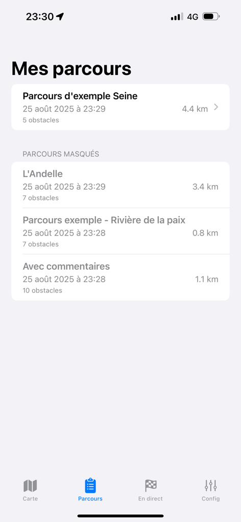 Canoe Kayak - Screenshot of the Canoe Kayak app showing a list of saved paddling routes with distance and obstacle information.