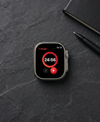 Pomodoro Timer: Focus Watch - Um Apple Watch Ultra exibindo a sessão de foco do Pomodoro Timer com uma contagem regressiva vermelha no pulso em uma mesa escura