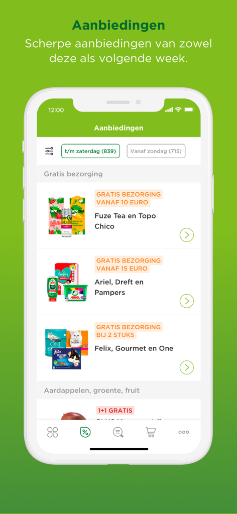 Una interfaz móvil de la aplicación PLUS supermarkt que muestra ofertas semanales de comestibles y opciones de entrega gratuita.