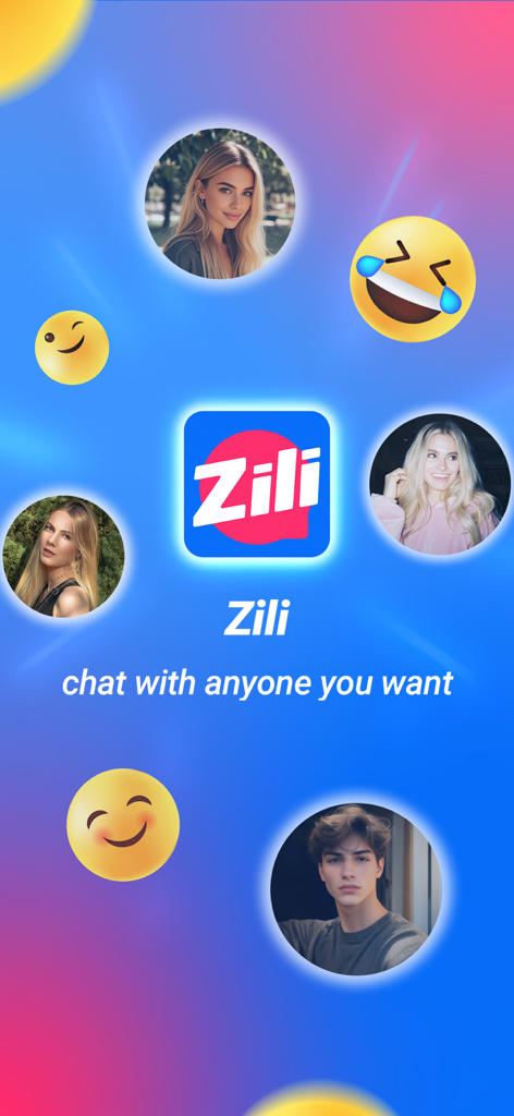 Zili - Zili app interface showing the slogan chat with anyone you want with floating user profile pictures and emojis