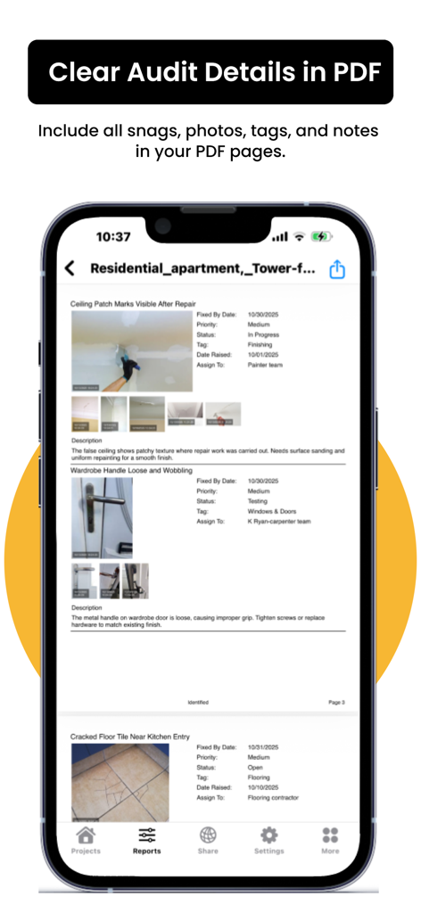 SnagBricks app showing a detailed PDF site audit report with snag list photos and project details.