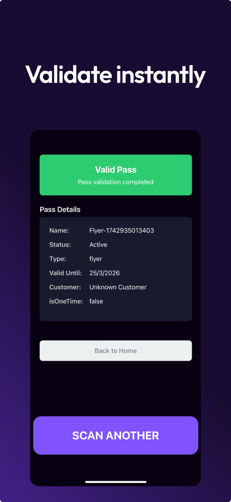 Passtastic Scanner - Una schermata di convalida di un pass fedeltà digitale riuscita nell'app Passtastic Scanner.