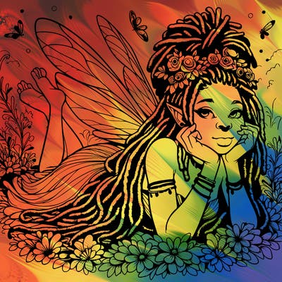 realistic african american female with dreadlocks in fantasy theme as a fairy laying in a whimsical flowerbed