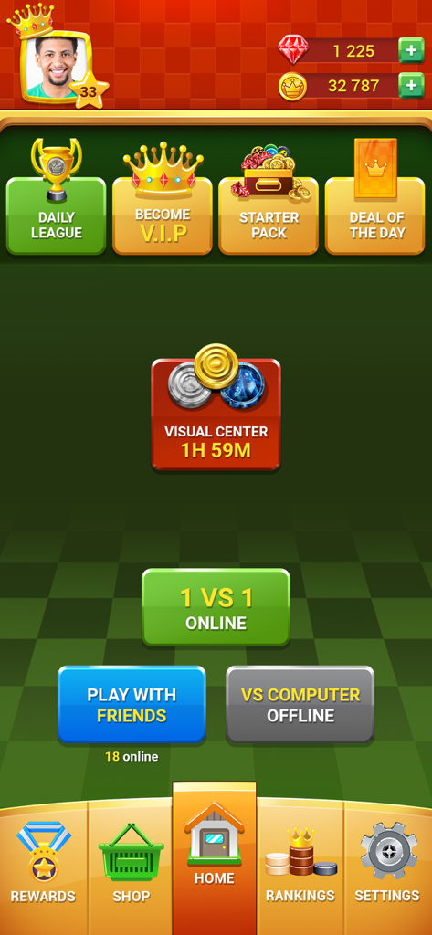 Main menu of the Quick Checkers mobile app showing online and offline game mode options