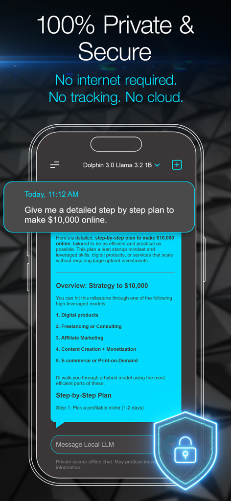 Local LLM: Private Secure Chat - Interface de l'application LLM Local montrant un chat IA hors ligne privé et sécurisé sur un smartphone