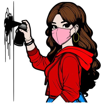 realistic girl with mask spray painting a wall