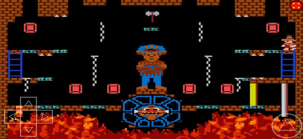 Montezuma - Director's Cut - Gameplay screen of Montezuma Director's Cut featuring retro 8-bit graphics and an Aztec pyramid level with fire.