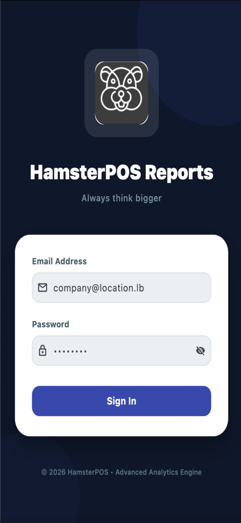 Hamster POS reports app - Login interface of the Hamster POS Reports app featuring email and password fields for business owners.