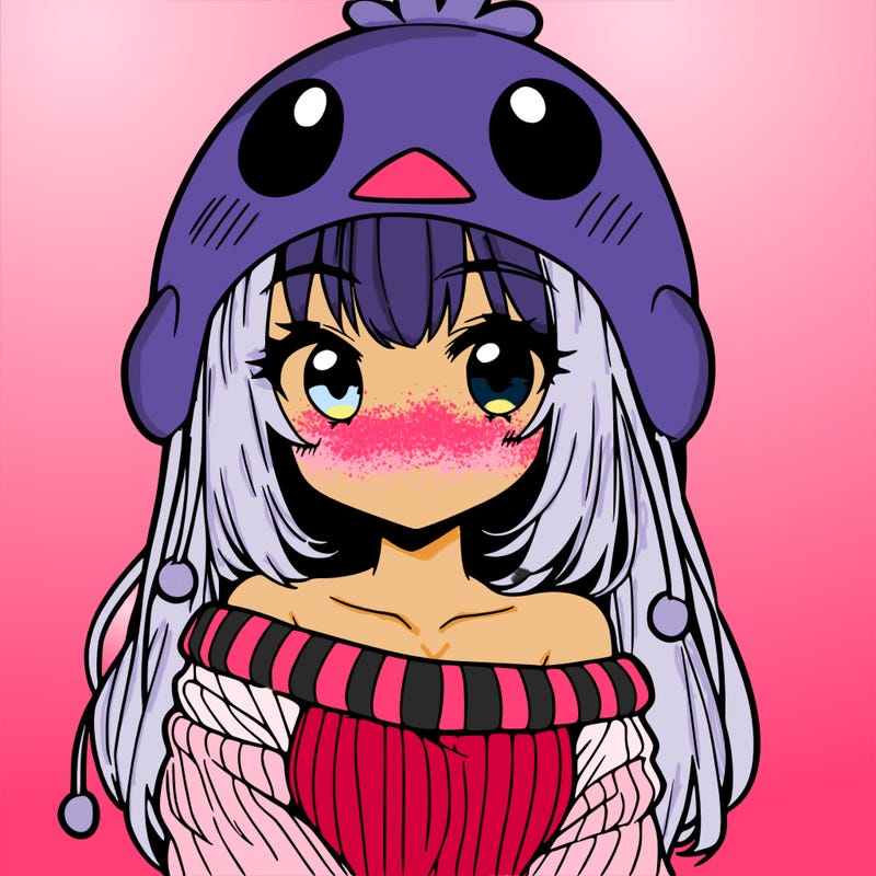 anime girl with chick shaped hat with sweater with bare shoulders with bangs covering them one eye with low tail