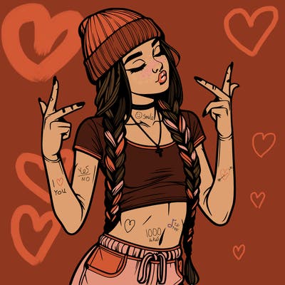 realistic teenage girl with braids and a beanie and crop top doing 🫶🏼