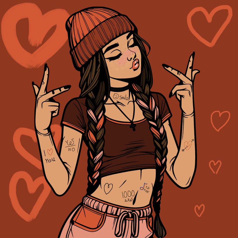realistic teenage girl with braids and a beanie and crop top doing 🫶🏼