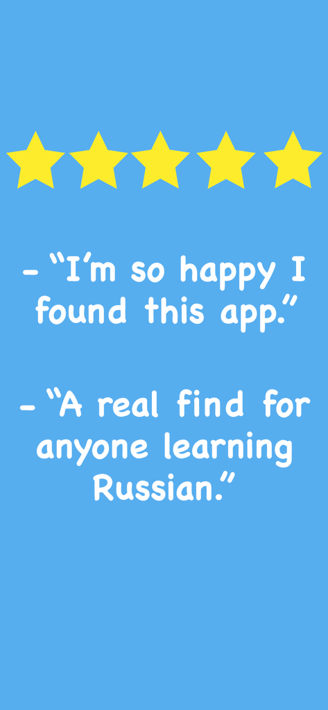 Russian Readers: Learn Russian - Five star user testimonials for the Russian Readers app on a blue background
