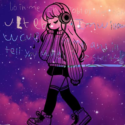 girl with leg warmers and long sweater and sneakers listening to music