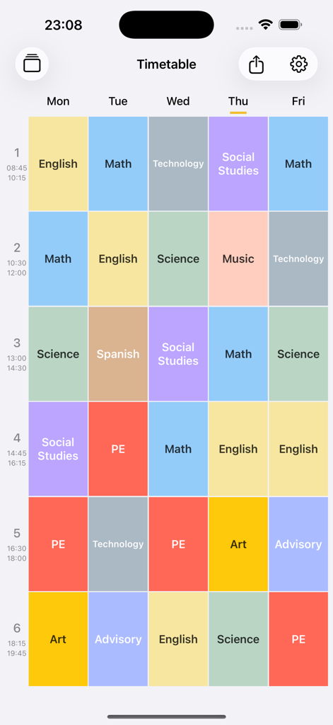 A weekly school timetable displayed in a color-coded grid with six periods per day from Monday to Friday.