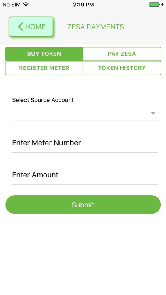 ZB eWallet - ZB eWallet app interface for buying ZESA electricity tokens with fields for meter number and amount