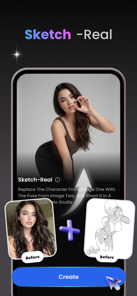 AI Video Generator & Photo AI - Screenshot of the AI Video Generator app showing the Sketch-Real tool transforming a character portrait and a sketch pose into a realistic studio photo.