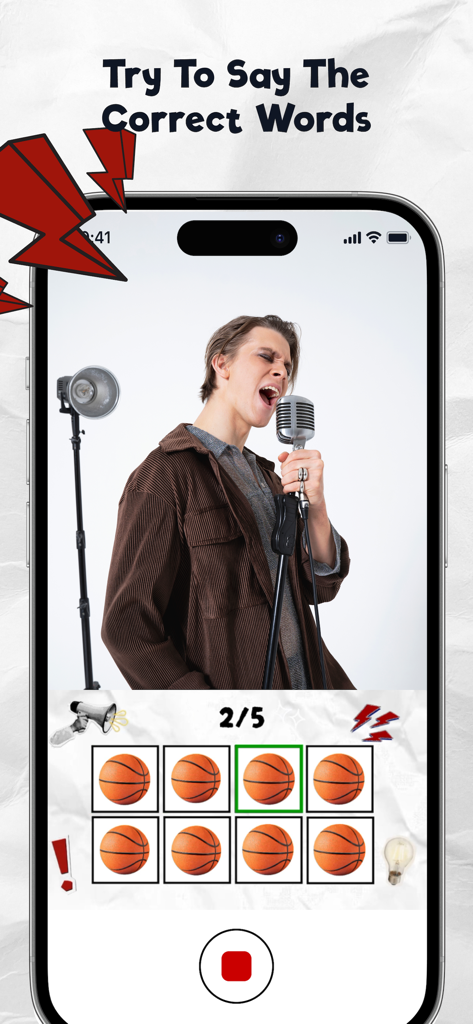 バスケットボールのアイコンのグリッドと、歌っている人がいる、リズムスピーキングゲームを表示するモバイルアプリインターフェース