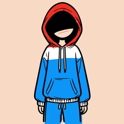 faceless girl in a tracksuit with a hood on and no hair