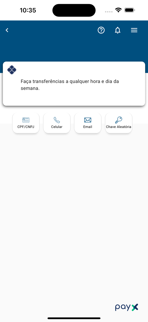 Interface de l'application mobile PayX montrant les options pour effectuer des transferts instantanés via Pix en utilisant le CPF, le numéro de mobile ou l'e-mail.