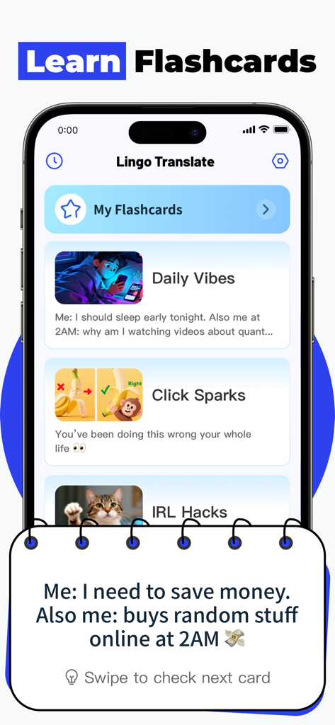 Lingo Translate & Learn Mobile - Lingo Translate and Learn app interface displaying flashcards for language learning and daily tips