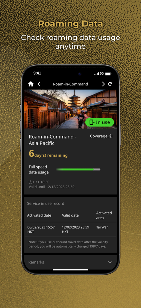 SUPREME from HTHK app interface showing international roaming data usage and remaining days