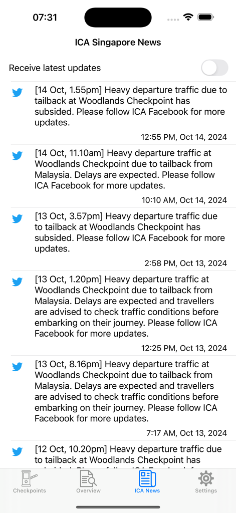 ICA Singapore news feed in the Singapore Checkpoint Cameras app showing real-time traffic alerts