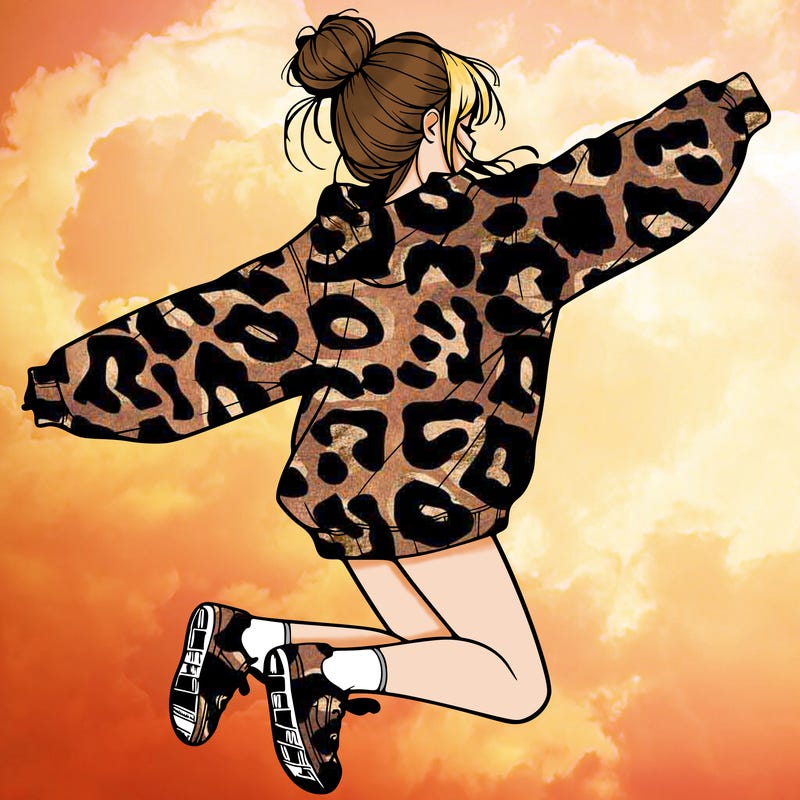 realistic girl jumping with a bun and oversized sweatshirt