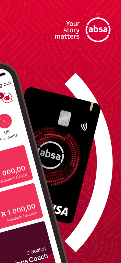 Smartphone displaying the Absa Banking app interface and a black Absa Visa card