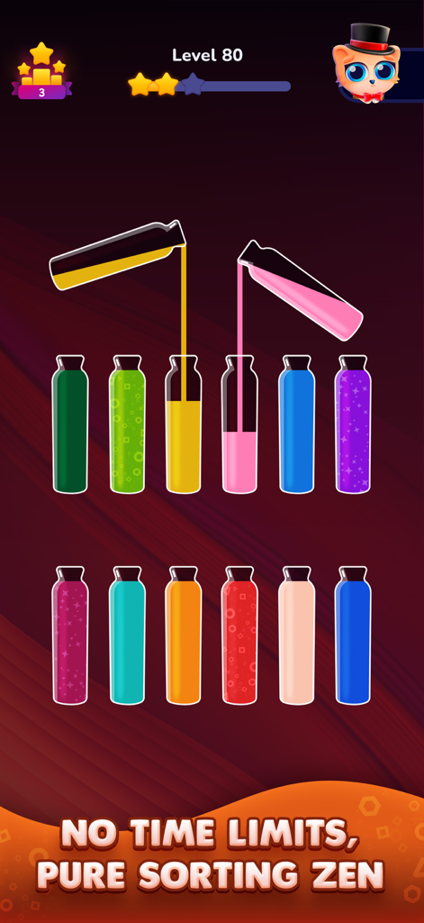 Water Sort Puzzle: Get Color - Gameplay screenshot of Water Sort Puzzle showing colorful liquids being poured into flasks with zen theme text