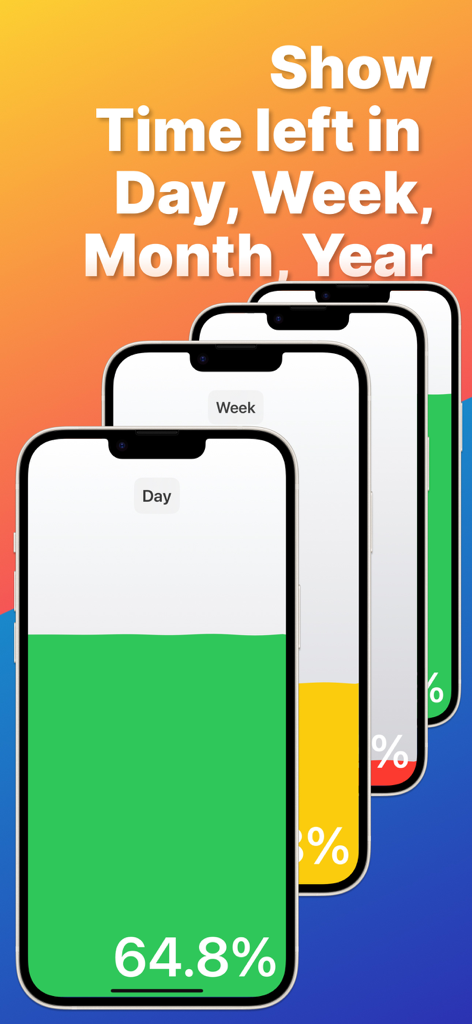 Interfaz de la aplicación que muestra el tiempo restante en el día, semana, mes y año como barras de porcentaje de batería en pantallas de iPhone