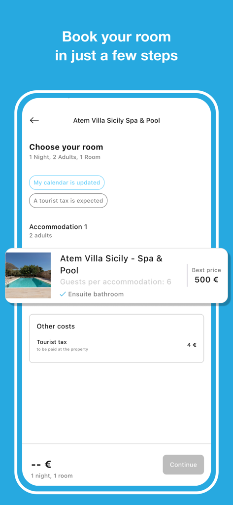 Case Vacanza Italia - Booking screen of the Case Vacanza Italia app showing rental details for a villa in Sicily