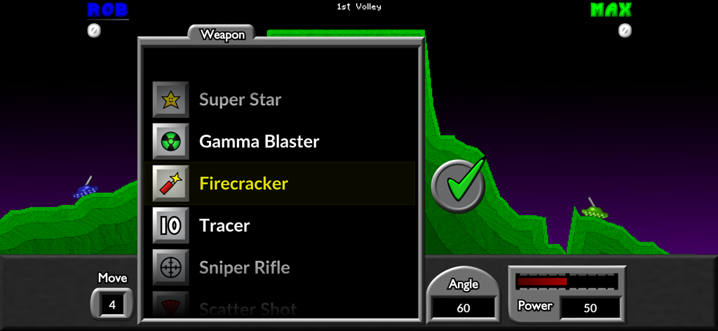 Pocket Tanks - Menü zur Waffenauswahl in Pocket Tanks, das verschiedene Artillerie-Optionen und Schießsteuerungen zeigt