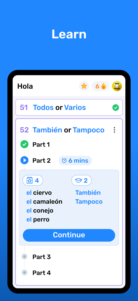 Interface of the Wlingua app showing a structured Spanish lesson with vocabulary and grammar exercises