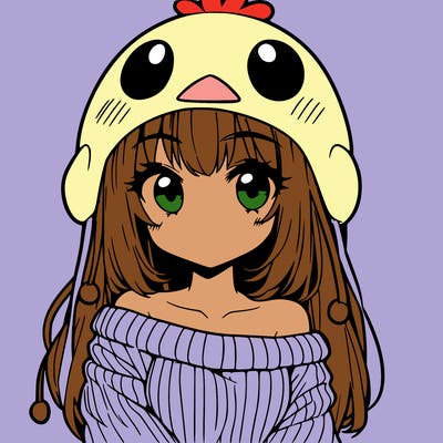 anime girl with chick shaped hat with sweater with bare shoulders with bangs covering them one eye with low tail