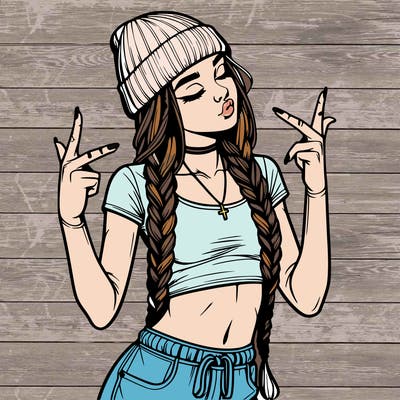 realistic teenage girl with braids and a beanie and crop top doing 🫶🏼