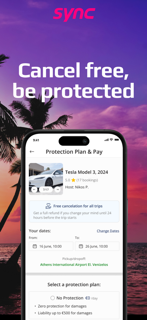 Sync - car rentals marketplace - Sync app screen showing protection plan options and free cancellation for a Tesla Model 3 rental.