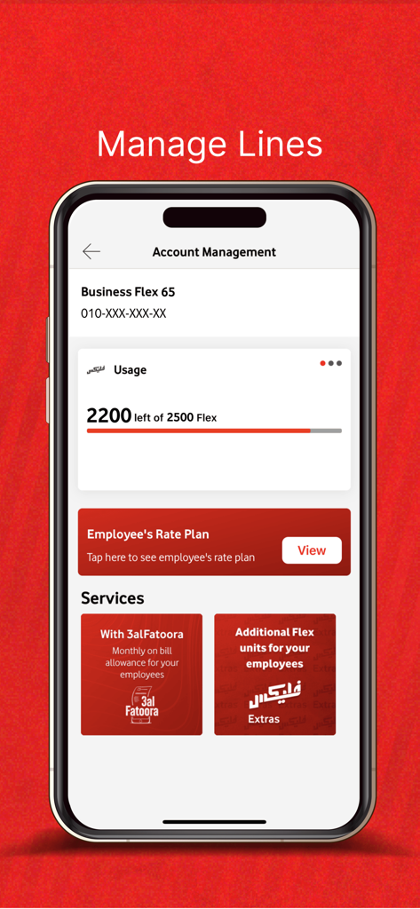 Vodafone Business app interface for managing employee lines and monitoring usage