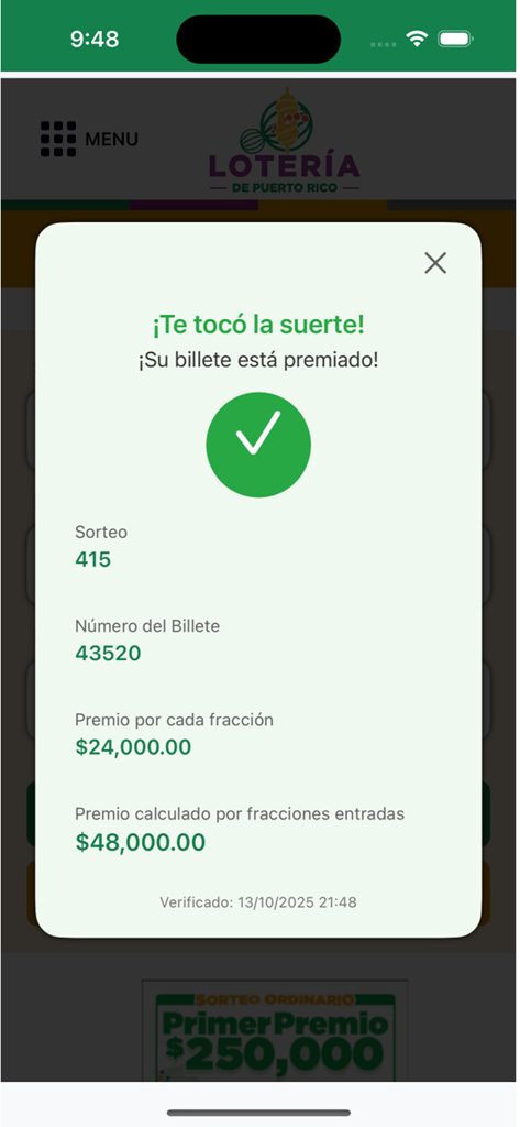 Lotería de Puerto Rico - Notificación de billete de lotería ganador en la aplicación Loteria de Puerto Rico mostrando un cálculo de premio.