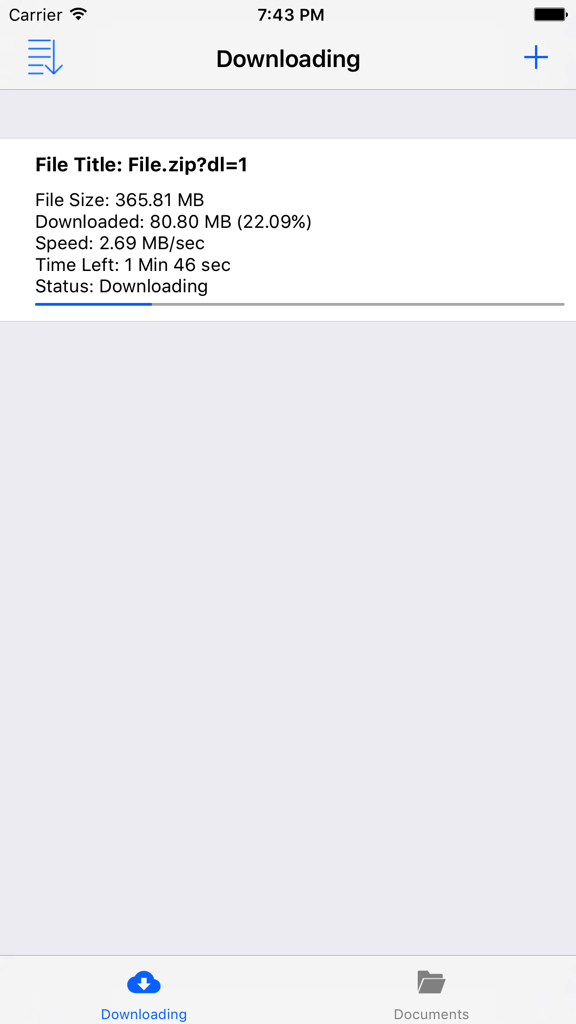 Interface do aplicativo ANDM exibindo o progresso do download de um arquivo zip