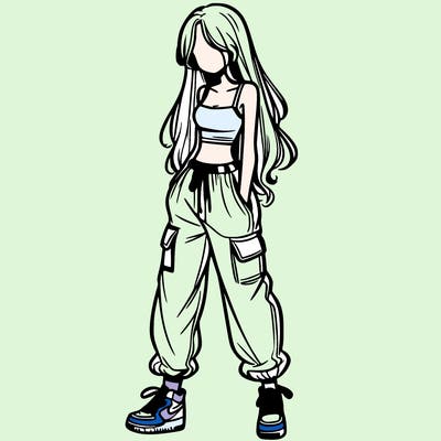 girl in baggy pants crop top and long hair