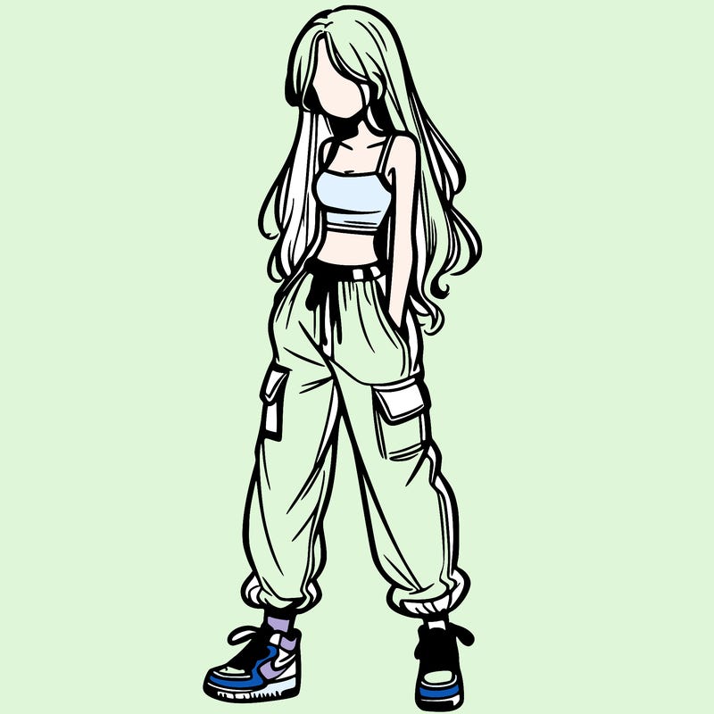 girl in baggy pants crop top and long hair