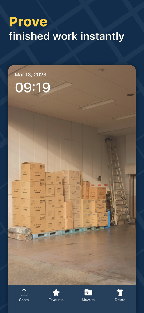 A photo of stacked boxes in a warehouse with a date and time stamp overlay.