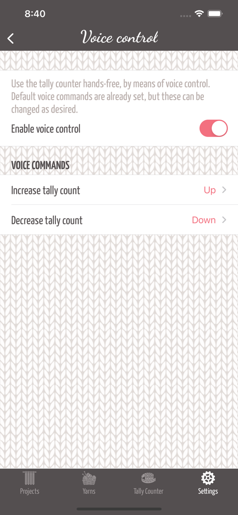 Yarnal - Knitting & Crochet - Voice control settings in the Yarnal app for hands-free knitting and crochet row counting